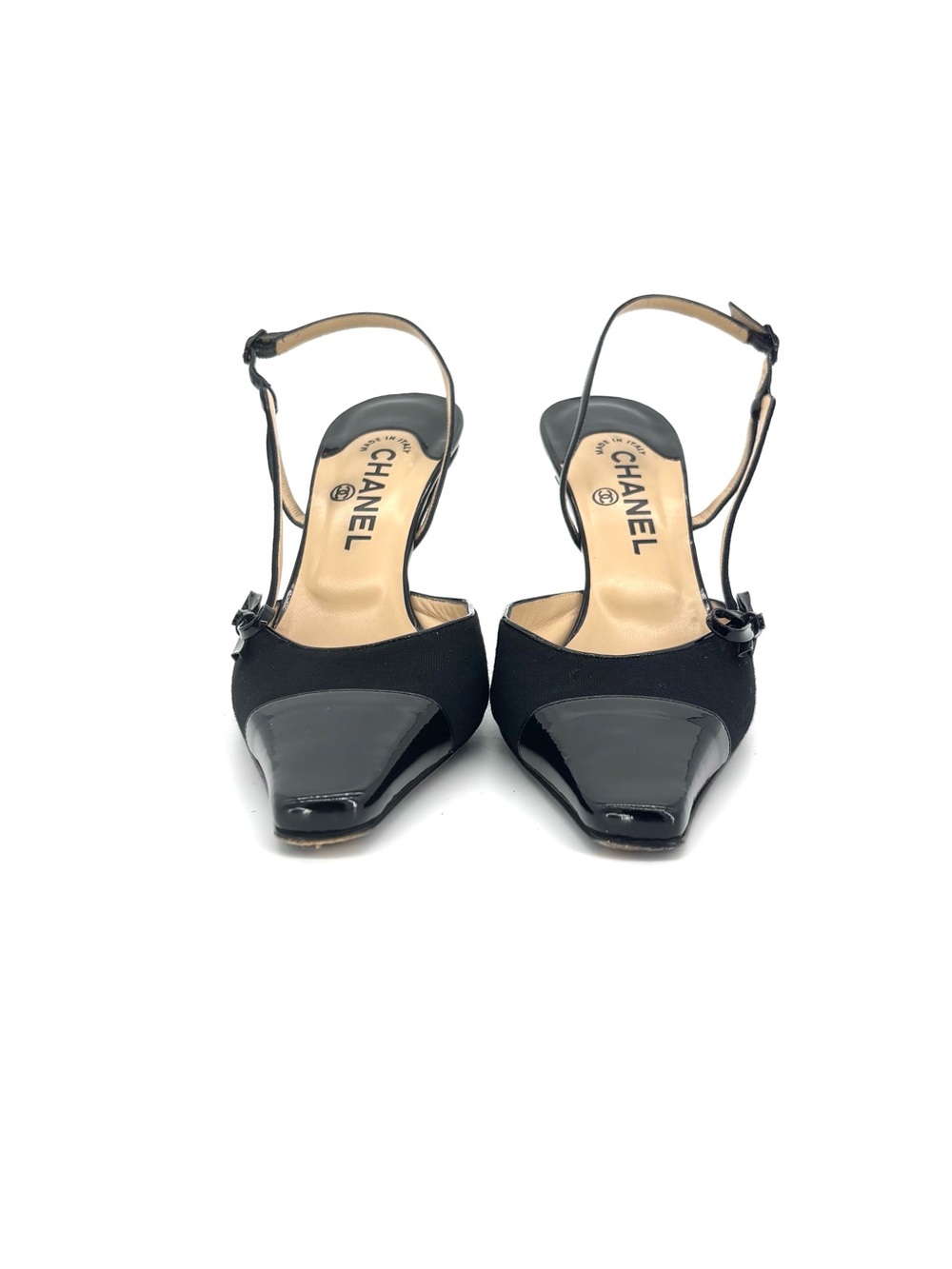 Chanel Vintage Bow CC Cap Toe Jersey Patent Pointed Toe Slingback Pumps 40 - Picture 2 of 10